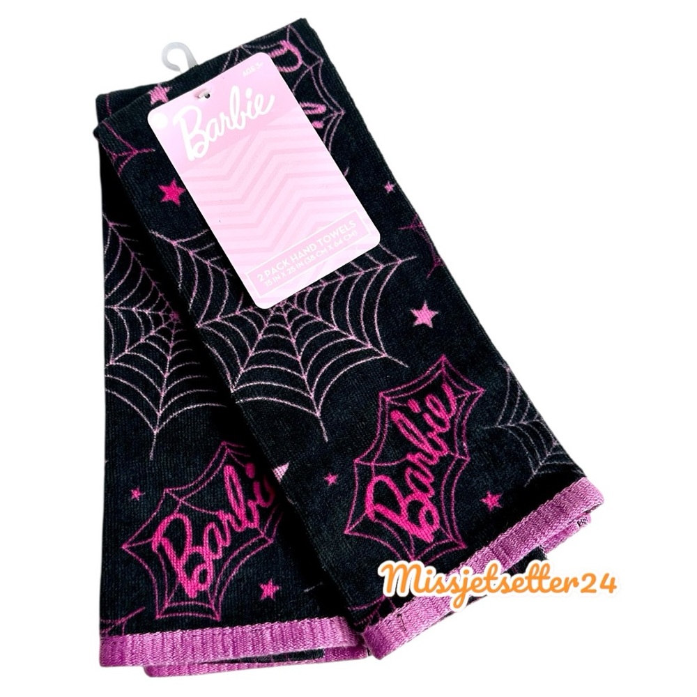 NWT Halloween Set of Two Barbie Hand Towels Target Black and Pink